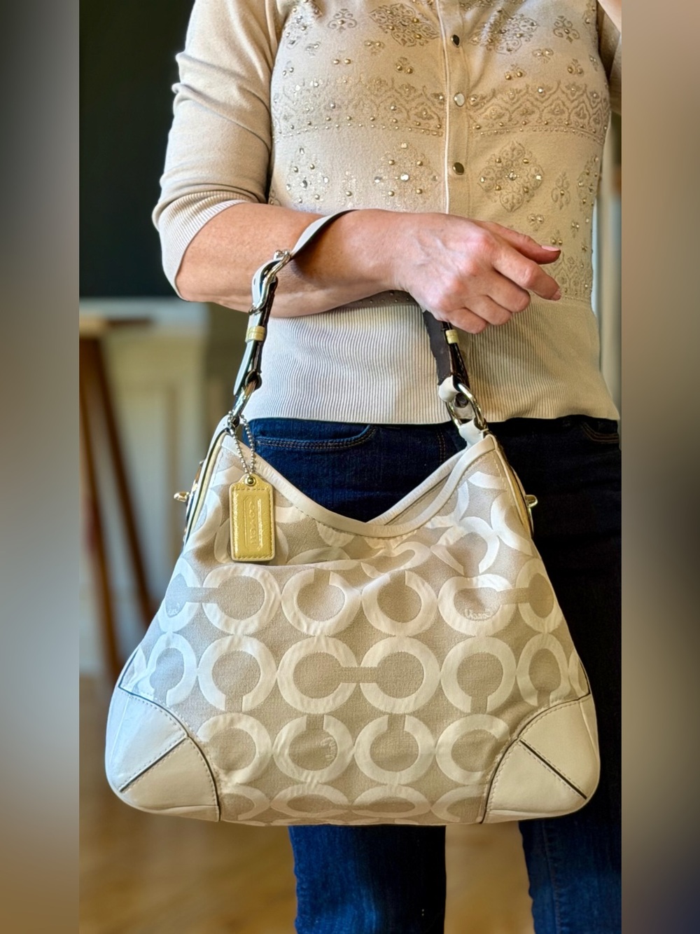 Coach Classic 2009 Peyton Optic Signature Hobo Shoulder Bag Chalk